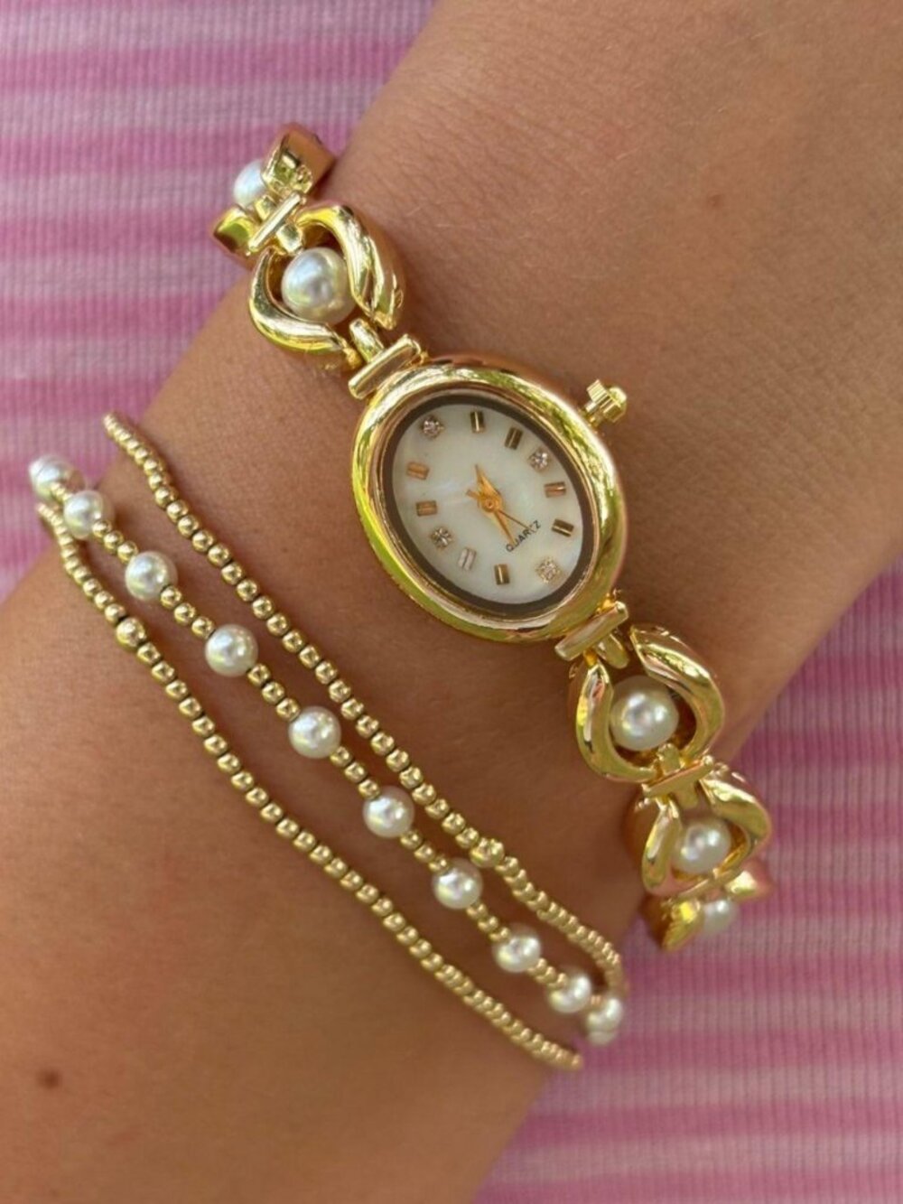 Preppy Gold Faux Pearl Crystal Dial Watch